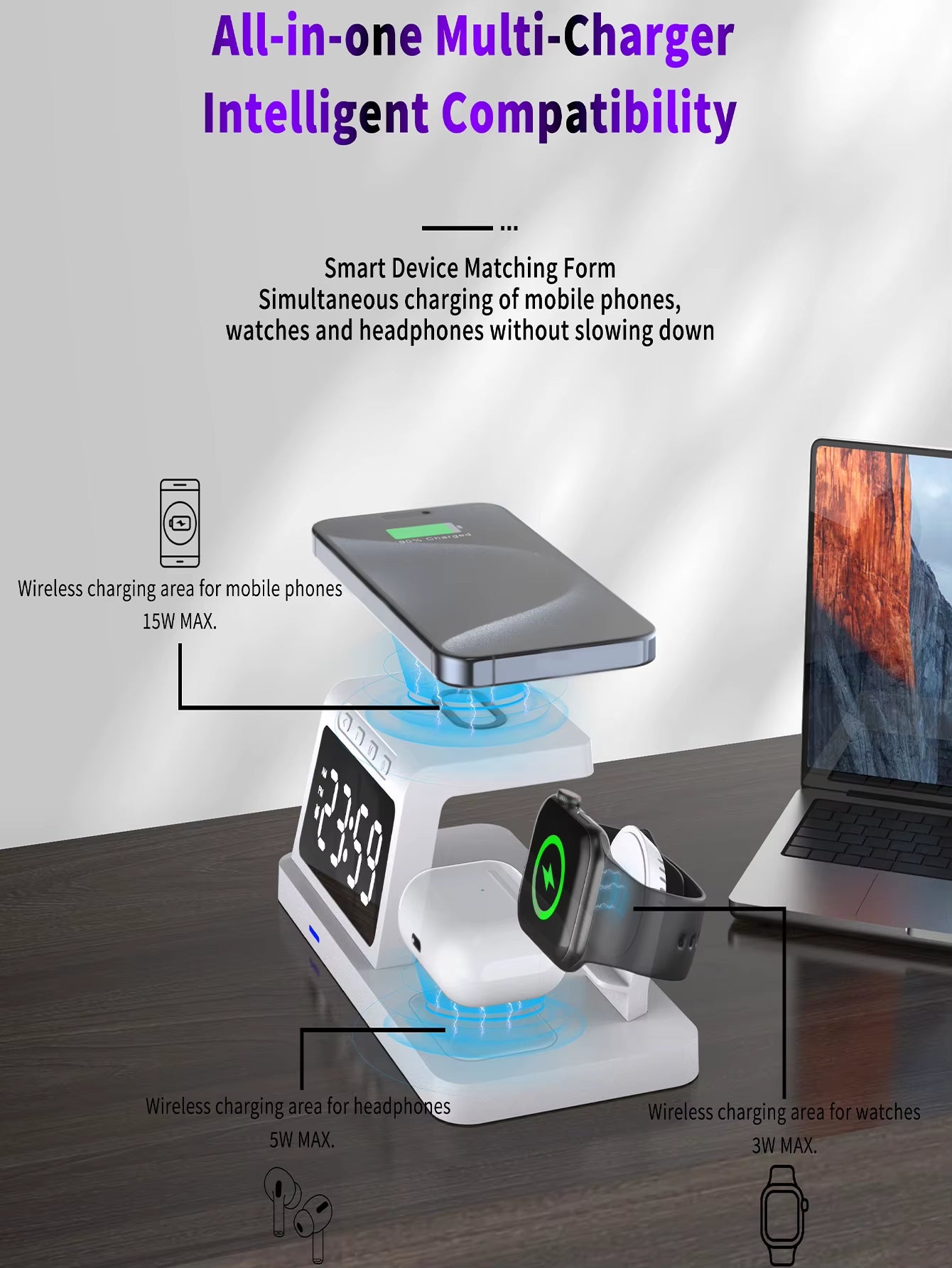 Powerhub Pro 3-In-1: Fast Wireless Charger, Smart Clock & Alarm – All in One Sleek Device